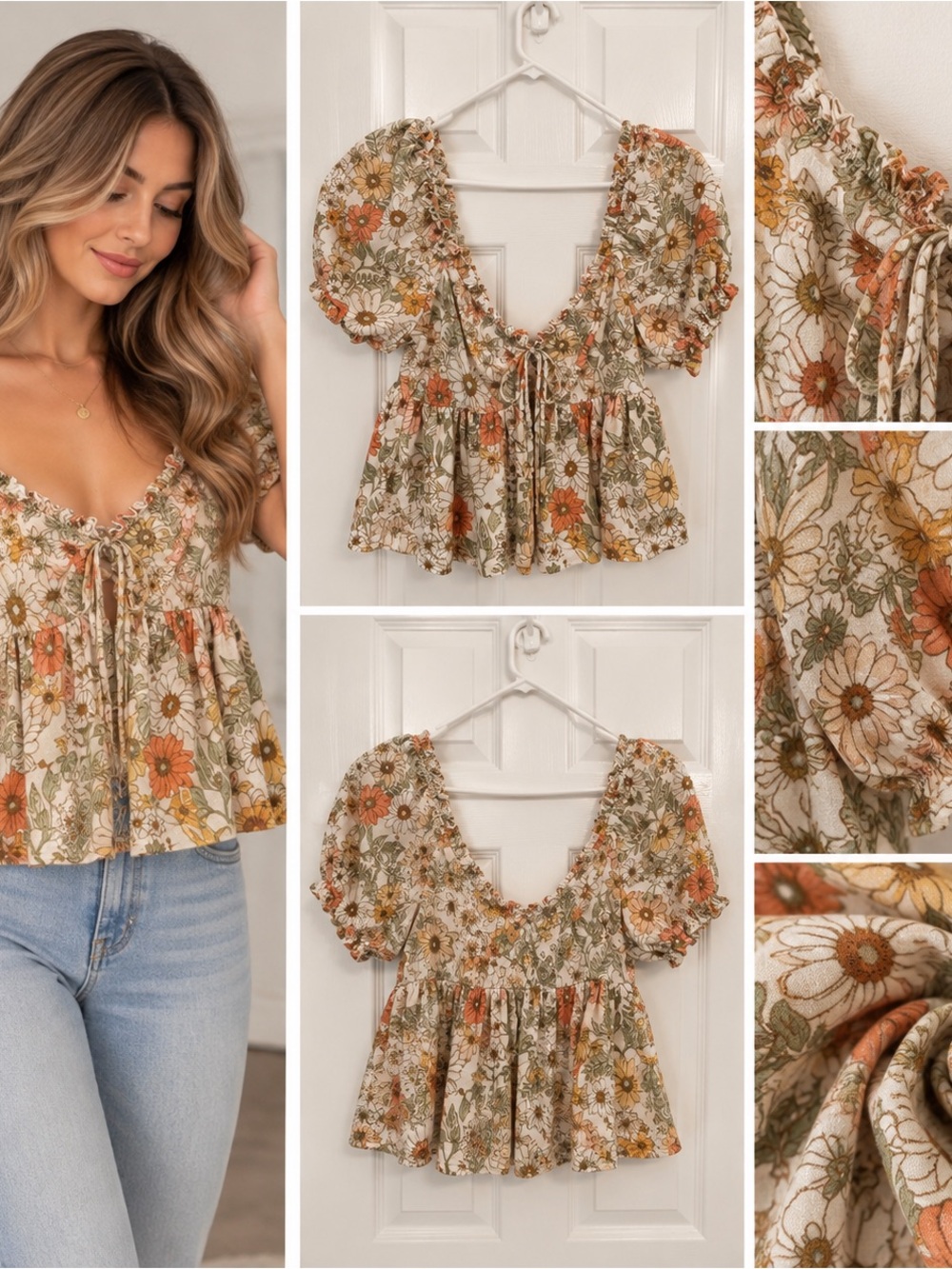 Pink Lily Cream Floral Puff-Sleeve Peplum Top with Orange & Olive Blooms